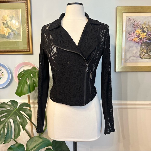 Guess Black Lace Cropped Blazer Small Moto Rave Party Streetwear Baddie 80s Zip - Picture 3 of 13